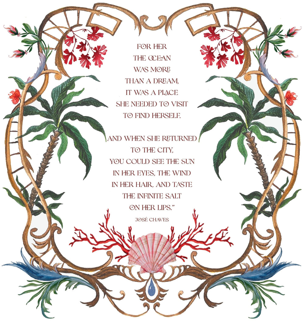 Decorative text with palm trees, flowers, and shell design on a white background.