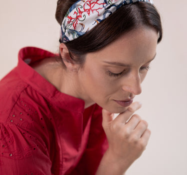 Beautiful pure silk knotted headband hair accessory in Ivory Koi; design by Fleur Kakasi