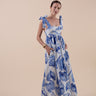 Beautiful pure linen empire line maxi dress in custom print by Fleur Kakasi.  Adjustable fit, luxurious real freshwater pearl trim & embroidery. 