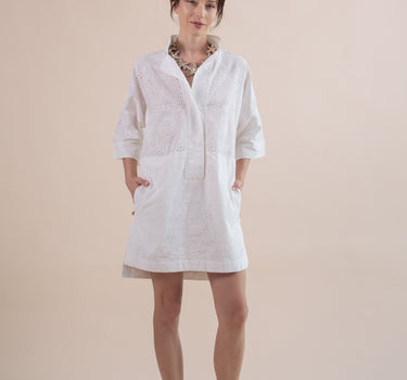 Beautiful shift kaftan dress in custom designed Broderie Anglaise cotton, designed by Fleur Kakasi.  Perfect resortwear look with mid-length sleeves and custom trims. 