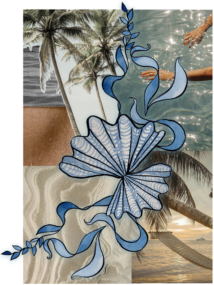 Decorative blue and white floral design with a beach scene in the background.  Collage of beach inspired imagery and hand painted elements